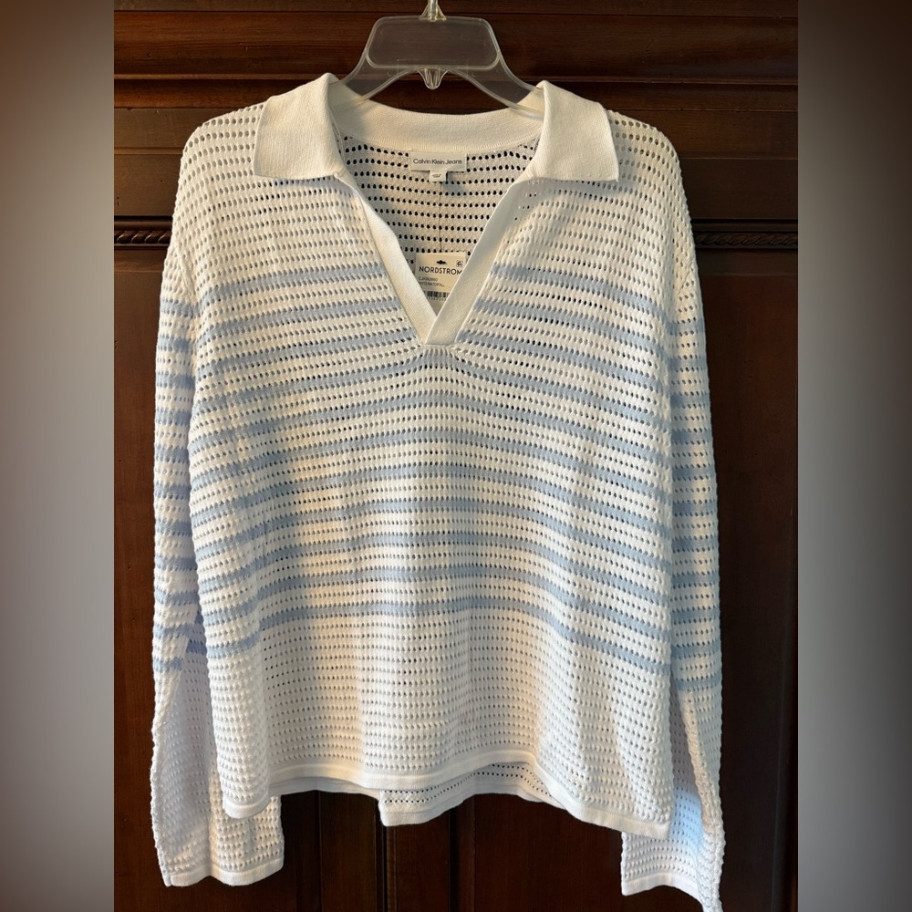 Calvin Klein White and Blue Striped Knit Sweater